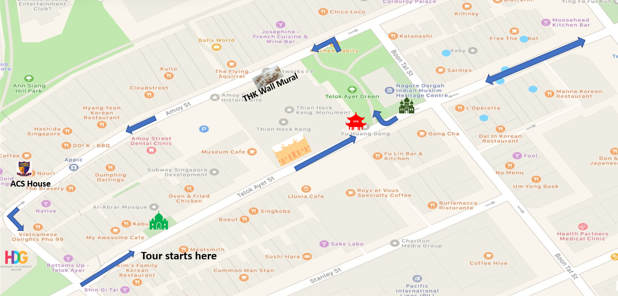 Street map of Singapore's Telok Ayer area showing a tour route with blue arrows starting near Amoy Street.